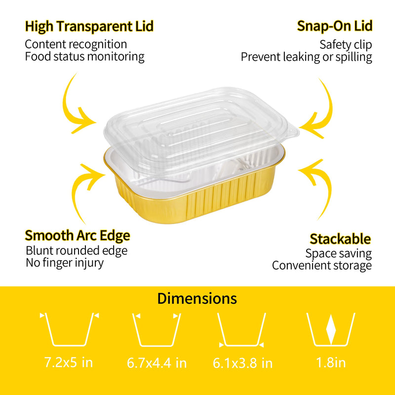 40 Pack 1.5 LB 7.2"×5"×1.8" Aluminum Foil Pans with Lids Heavy Duty, 24 Ounce Foil Food Containers with Lid, Disposable Tin Foil Pans with Lids for Baking, Meal Prep, Freezer, Heating and Takeout 7.2"×5"×1.8"(40 pcs + 40 lids)