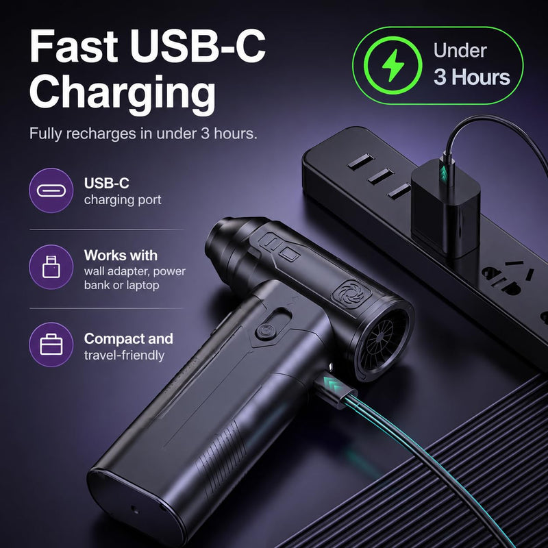 Compressed Air Duster, Powerful Cordless Electric Air Blowe | Electric Air Duster for Computer, Camera, Car Detailing – 3-Speed Adjustable, USB-C Fast Charging