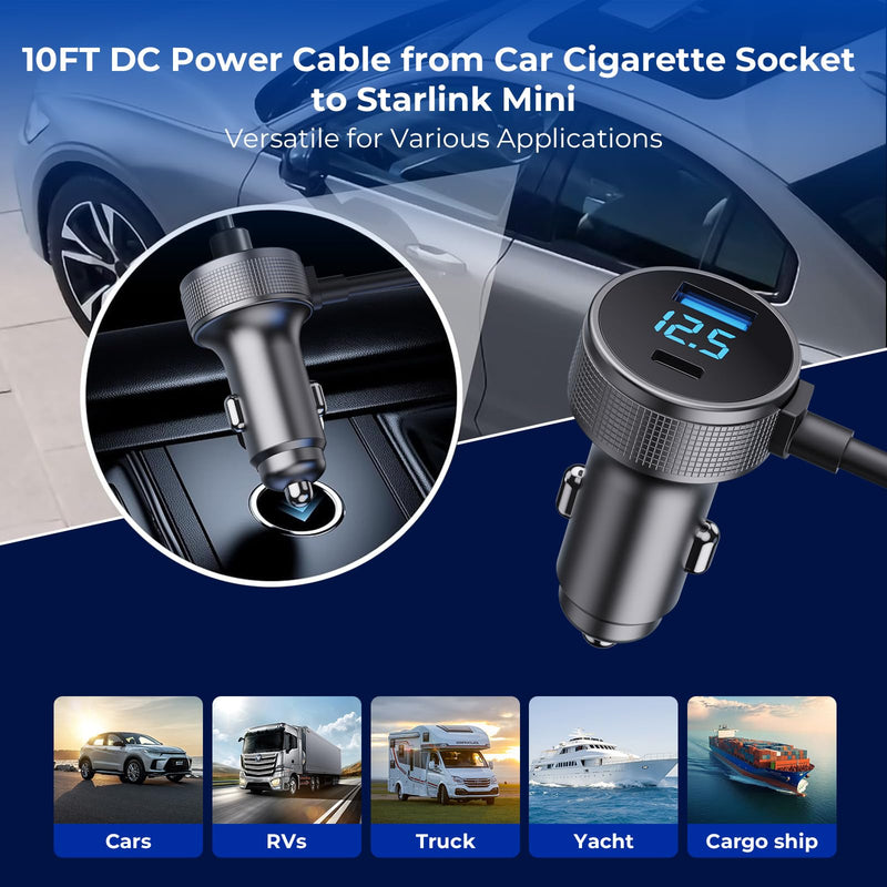 Starlink Mini Cable, 3 in 1 Starlink Mini Car Charger DC Power Cable+ Cigarette Lighter Adapter 12V-48V with Digital Display, Durable USB C PD 40W and USB A 35W Ports for Trucks and Cars (10FT) 10FT