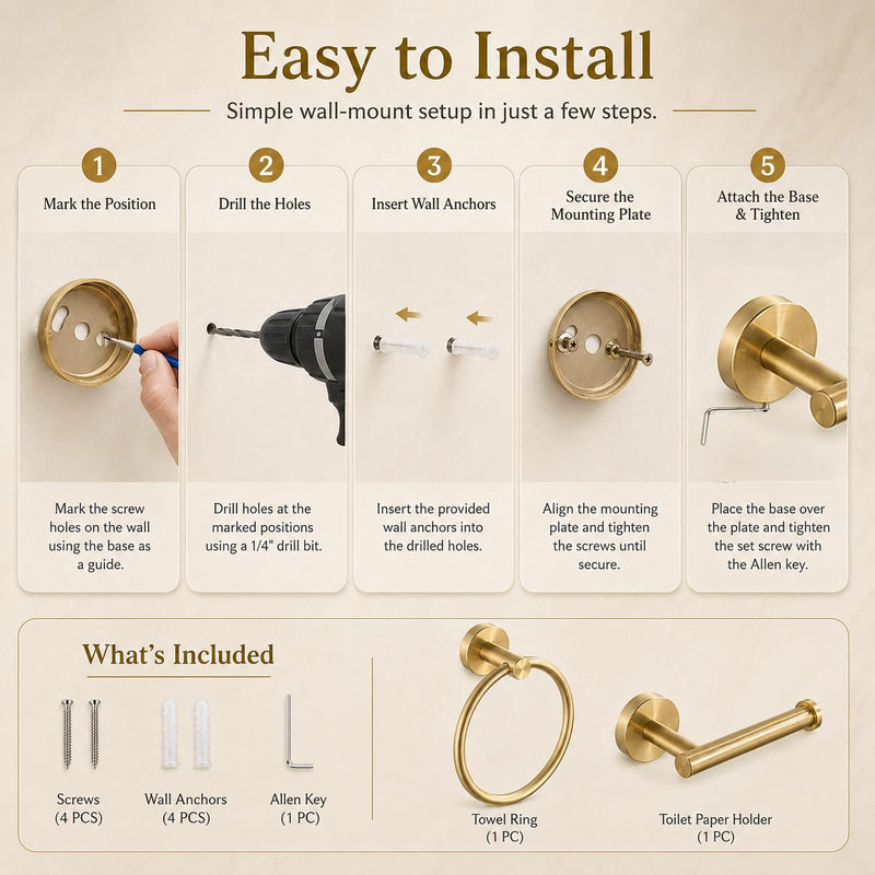 Toilet Paper Holder Towel Ring Brushed Gold Bathroom Hardware Hand Towel Holder Bathroom Accessories Set Wall Mount Stainless Steel 2 Pieces Bathroom Hardware Set 2 Pieces