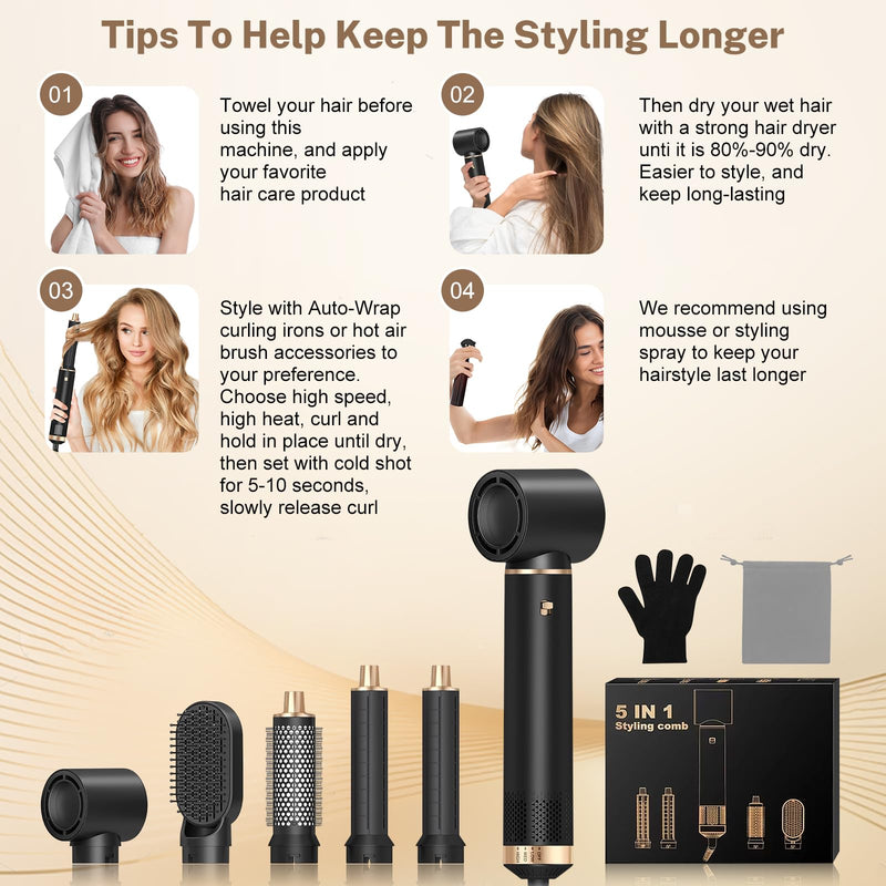 Hair Styler 5 in 1 Airbrush Set Multi-Blow Hair Dryer Brush | Magic Styler with Curl,Straighten,Wavy,Smooth and 3 Temperature for Volume,Curls,Smooth,Straighten,Dry& Style,Gifts for Women