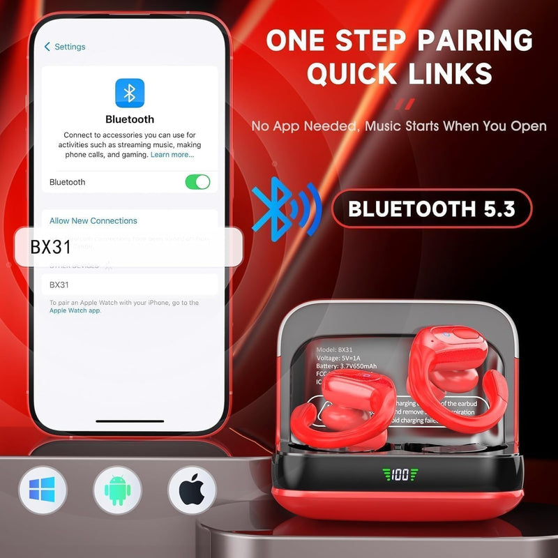 sajawass Wireless Earbuds Headphones Bluetooth 5.4, Noise Canceling Ear Buds with 75hr Playtime, IPX7 Waterproof Earphones Over-Ear Earphones for Sports/Workouts, LED Power Display - Red