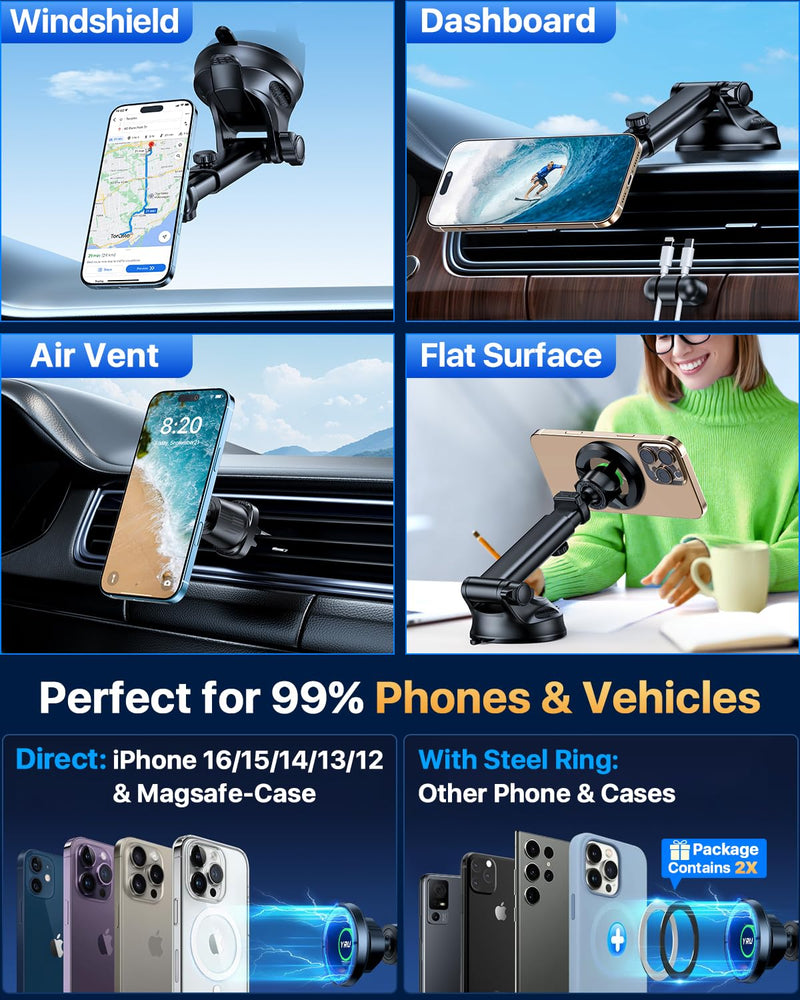 YRU [2025 Military-Grade] for Magsafe Car Mount [90+LBS Strong Suction] 360° Adjustable Magnetic Phone Holder for Car Dashboard Windshield Vent, Cradle for iPhone 17 16 15 14 13 12 Samsung, Black
