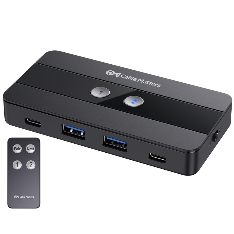 Cable Matters USB C Switch for 2 Computers with Remote Control, 10Gbps Data Transfer, Shares 2X USB-A and 2X USBC Peripherals (Keyboard, Mouse, Printer, SSD), Data Only - No Video, No Host Charging