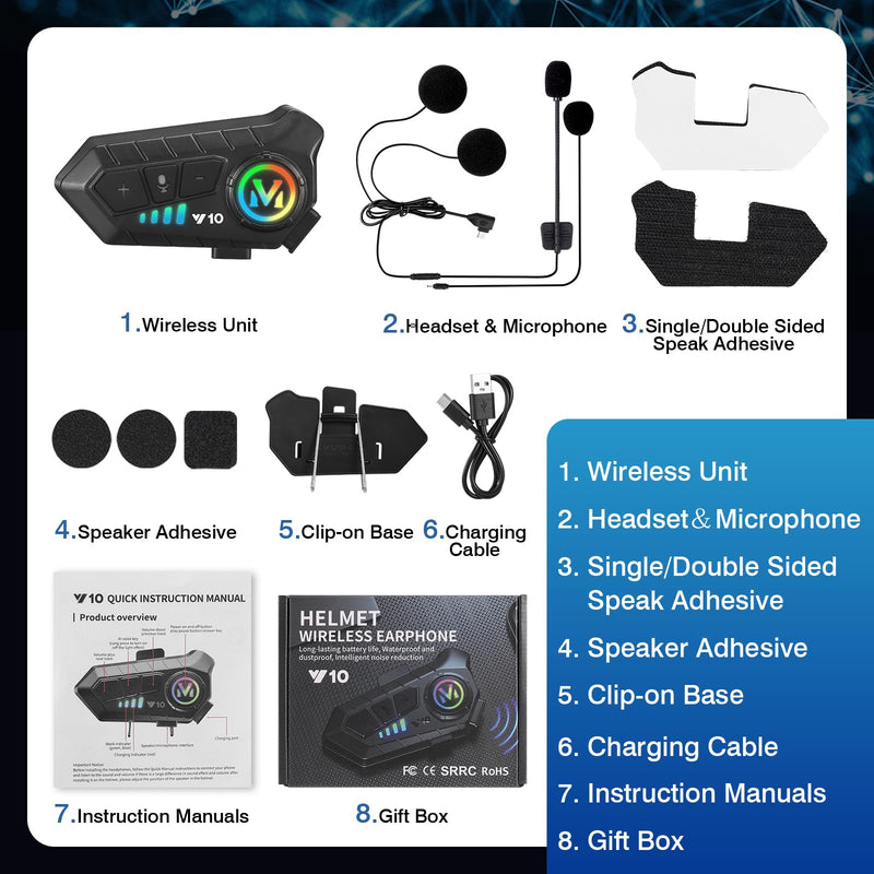 FEYA Motorcycle Helmet Speakers High Battery Life Helmet Headphone IPX6 Automatic Answer/Call Music Control/Intelligent Noise/Wake up Siri, 2 Different Types of Mic【Compatible with All Helmets】 Y10