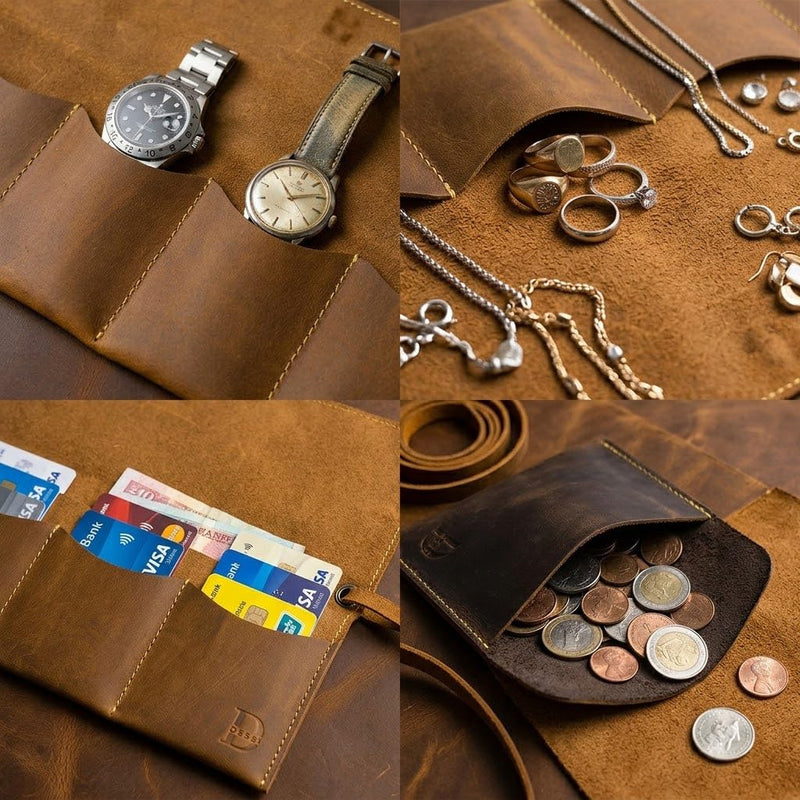 Dessi Handmade Crazy Horse Full Grain Leather Watch Roll 4 Slot Storage Organizer Case Universal Flat Fold Coffee Brown Travel Pouch Holder for Men Women Luxury Mechanical Timepieces