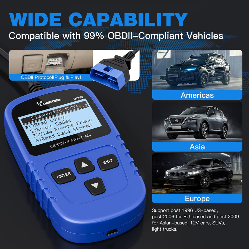 VDIAGTOOL VD10 OBD2 Scanner Code Reader Car Diagnostic Tool Engine Fault Code Reader for Turn Off CEL with Live Data/Freeze Frame/I/M Readiness for All OBDII Protocol Cars, 2024 New Version Blue