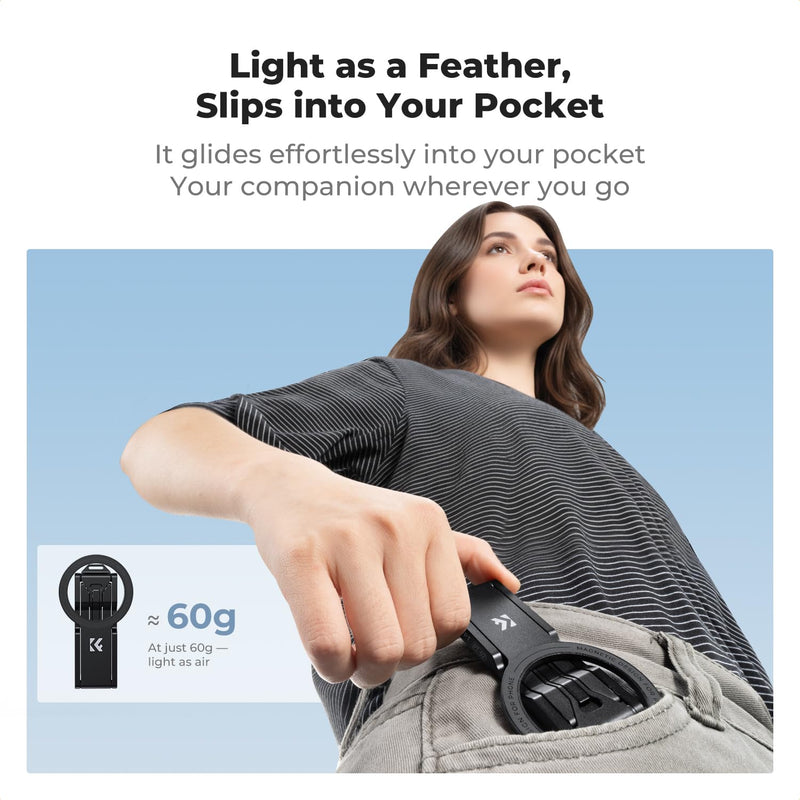 K&F CONCEPT 7mm 59g Magnetic Phone Stand | Foldable Selfie Stick for iPhone, Dual-Sided Magnets Mini Tripod Pocket with Hook, Compatible with iPhone 17-12 Series, PT02 Black