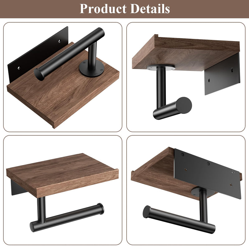 Tindbea Toilet Paper Holder with Wood Shelf, Wooden Wall Mount Tissue Paper Roll Holder, Matte Black Stainless Steel Bathroom Accessories Decor Household Home Apartment Restroom Essentials (Walnut) Walnut &Matte Black Walnut Wood