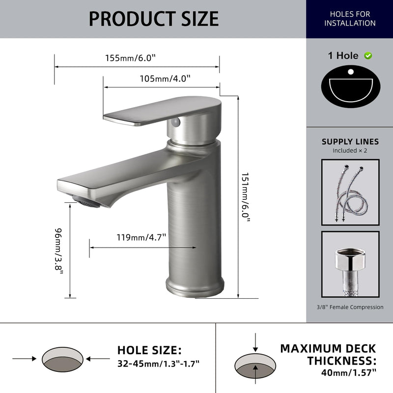 BELZ 2 Pack Brushed Nickel Single Handle Bathroom Sink Faucet,Faucet Only | Tool-Free Easy Installation，Pre-Installed Supply Lines，Without Deck plate & pop-up drain，Fits Most 1-Hole Vanity Sinks 2 Pack-Brushed Nickel