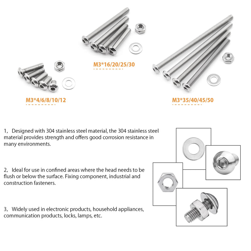 1560PCS M3 Bolts and Nuts Assortment, GTERNITY Metric M3x50/45/40/35/30/25/20/16/12/10/8/6/4 mm Cap Screws Assorted M3 Hex Socket Head Screws Nuts Washers Kit, 304 Stainless Steel M3 1560 B