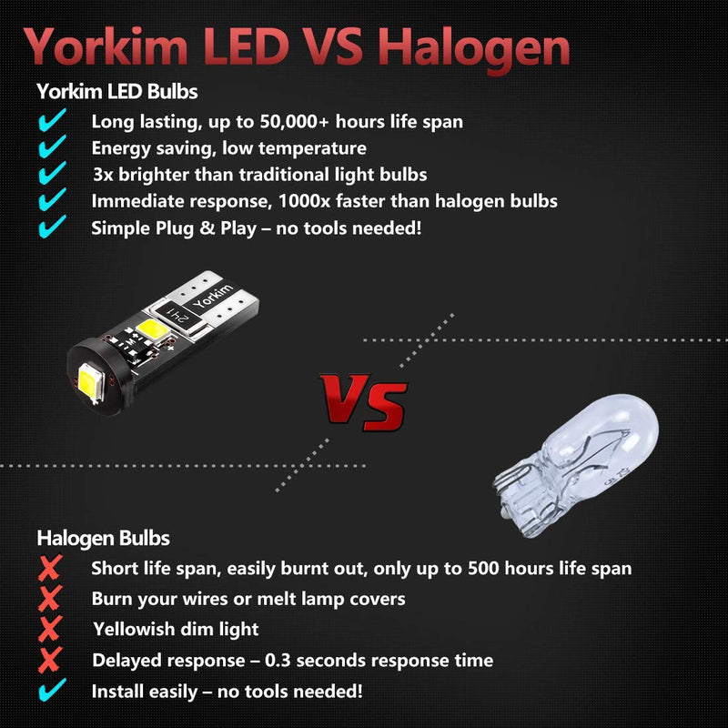Yorkim 194 Led Bulb Canbus White Error Free 3-SMD 2835 Chipsets, T10 Interior Led For Car Dome Map Door Courtesy License Plate Trunk lights with 194 168 W5W 2825 Sockets Pack of 10
