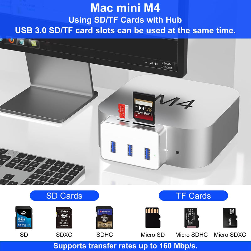 Mac mini M4 Dock - 6 in 1 USB-C Hub with 10Gbps USB-C, 3x5Gbps USB-A, SD/TF 3.0 Card Reader, Compact Aluminum Design | Perfect Mac mini M4/M4 Pro Accessories