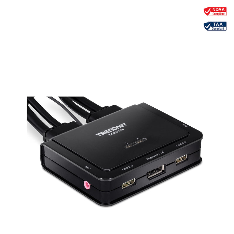 TRENDnet 2-Port 4K DisplayPort 1.2 KVM Switch with Audio, 4K UHD (3840 x 2160@60Hz), 3.5mm Speaker/Microphone, USB 2.0, Integrated Cables, Black, TK-220DPI 2-Port 4K DisplayPort KVM