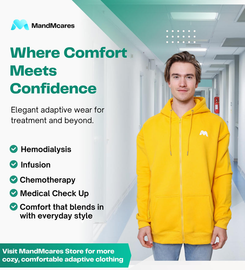 Dialysis Hoodie with Arm Zipper, Warm Adaptive Jacket Sweatshirts for Hemodialysis, Infusion & Chemo Treatments Medium Yellow