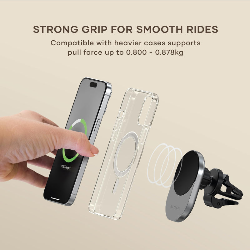 Satechi Qi2 Wireless Car Charger, Travel Friendly Car Phone Mount Charger for Air Vents, 15W Fast Chargers, for iPhone 17 to 12 Series