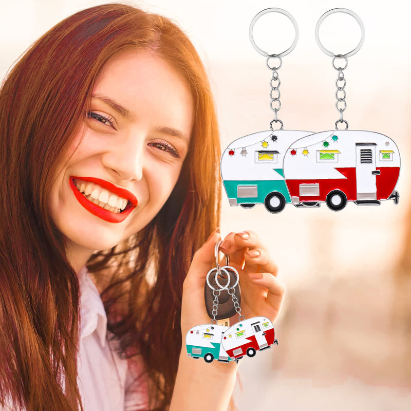2 Pieces Camper Keychain, RV Camper Keyring Camper Accessories for Travel Trailers Retro Camping Car Keychain Red, Green