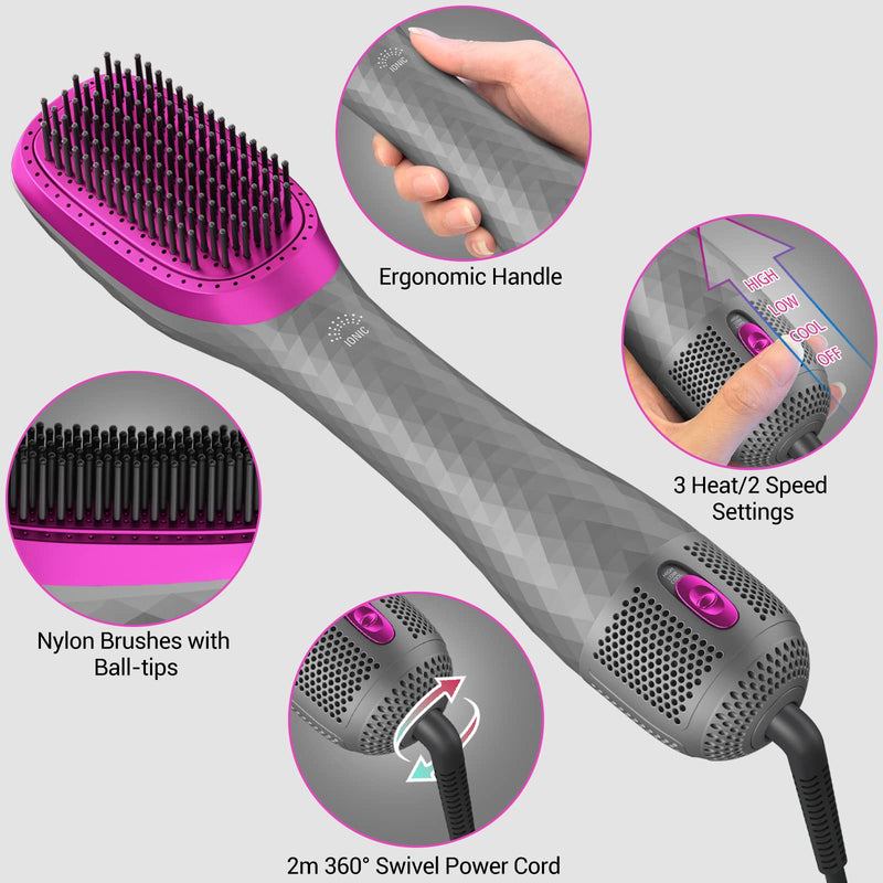 APOKE 3 in 1 Hair Dryer Brush Professional 1200W Powerful Ceramic Tourmaline 3 Heat/2 Speed Settings One Step Hair Dryer and Styler Light Gray