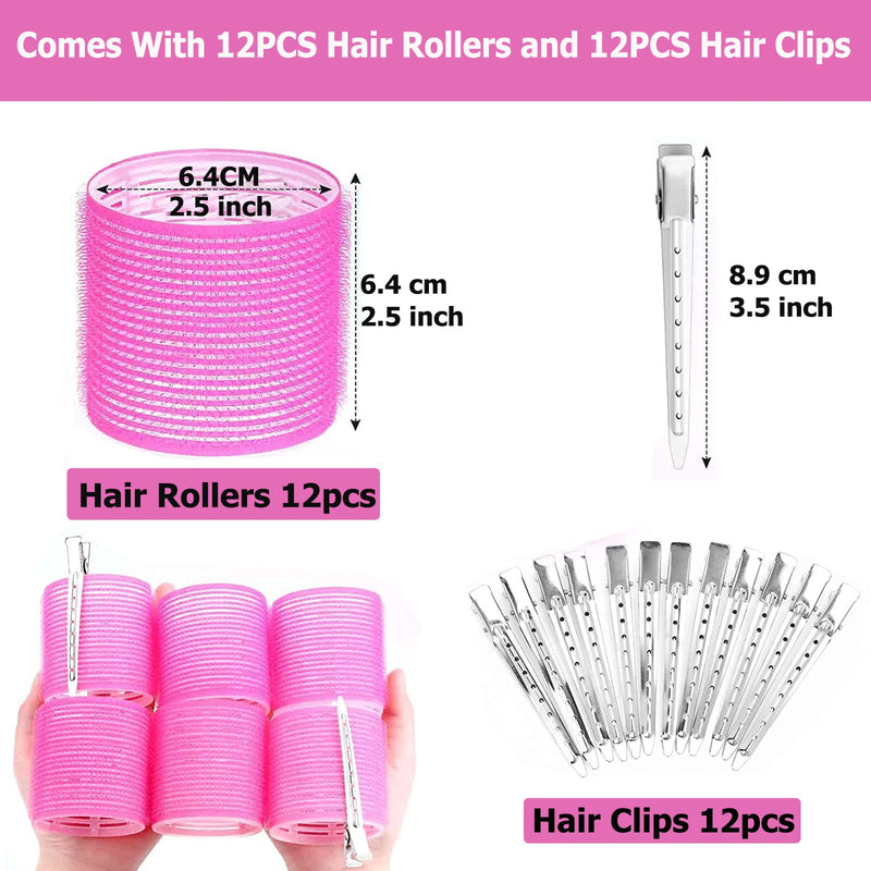 24 Pcs Hair Rollers Set, Hair Curlers With 12 Pcs 64MM Self Grip Jumbo Hair Rollers & 12Pcs Duckbill Clip, Salon DIY Hairdressing Curlers Hair Curlers Rollers Tools for Long Medium Short Hair 64MM-Rose Red