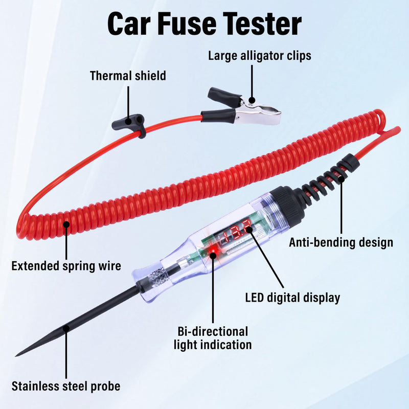 Test Light Automotive, 5-90V DC Test Light with Voltmeter, Bidirectional Car Fuse Tester with Voltage Display, Digital LED Circuit Tester with Extended Spring Wire & Probe for Car/RV/Vehicles