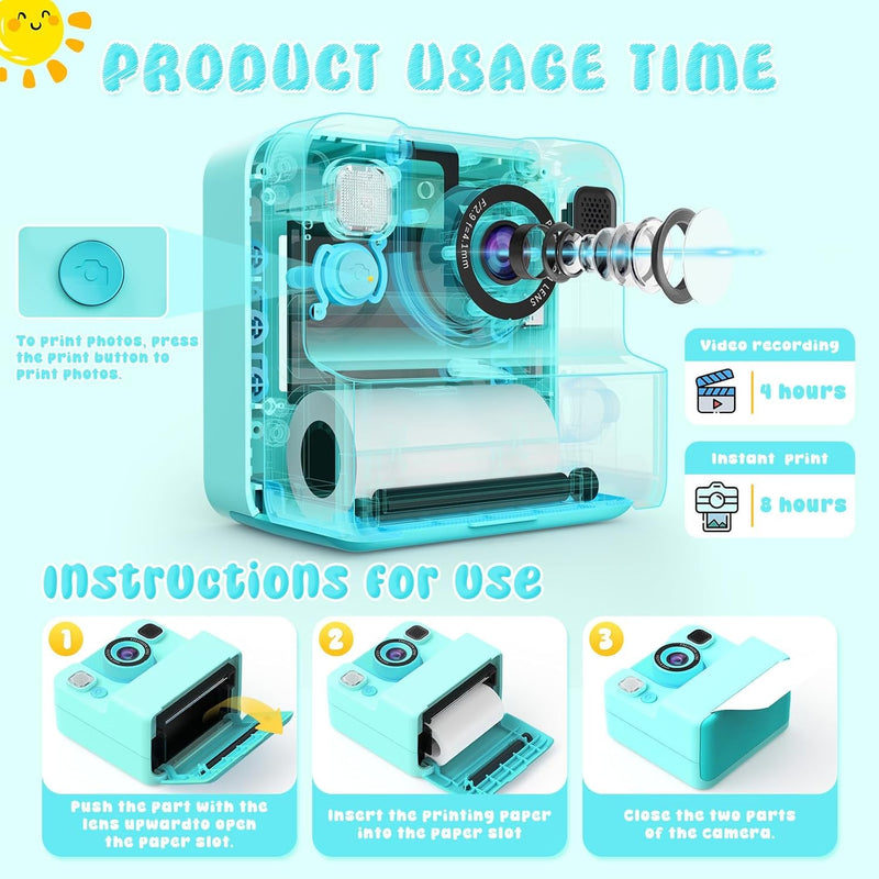 Alotwan Kids Instant Print Camera Video, 32GB Card, 3 Rolls Paper | Flip Lens, 48MP HD Digital Photo, Fun Photo Effects & Frames, Pocket Size Travel, Gift for Boys Girls