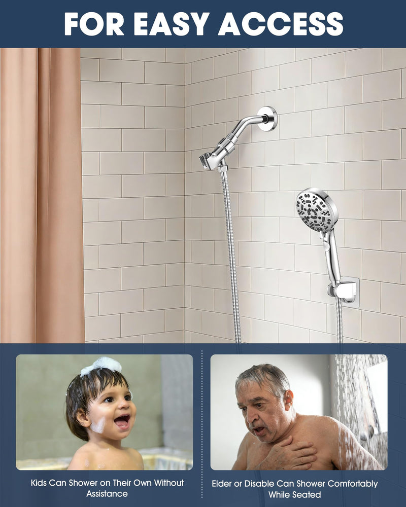 Handheld Shower Head with 6.56ft Extra Long Hose, On Off Switch 8-Seting High Preesure Hand Held Showerhead, Low-Reach Adhesive Holder for Kid, Disable& Elder (Chrome) Chrome