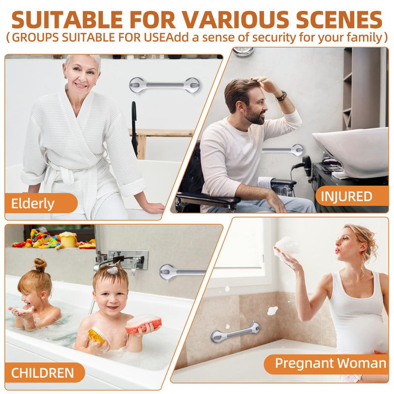 Shower Handle 1 Pack, 17 Inch Grab Bar for Bathtubs and Showers, Strong Suction Cup Safety Handrail for Seniors, Elderly, Injury Recovery, No Drilling Waterproof Bathroom Grip, Grey
