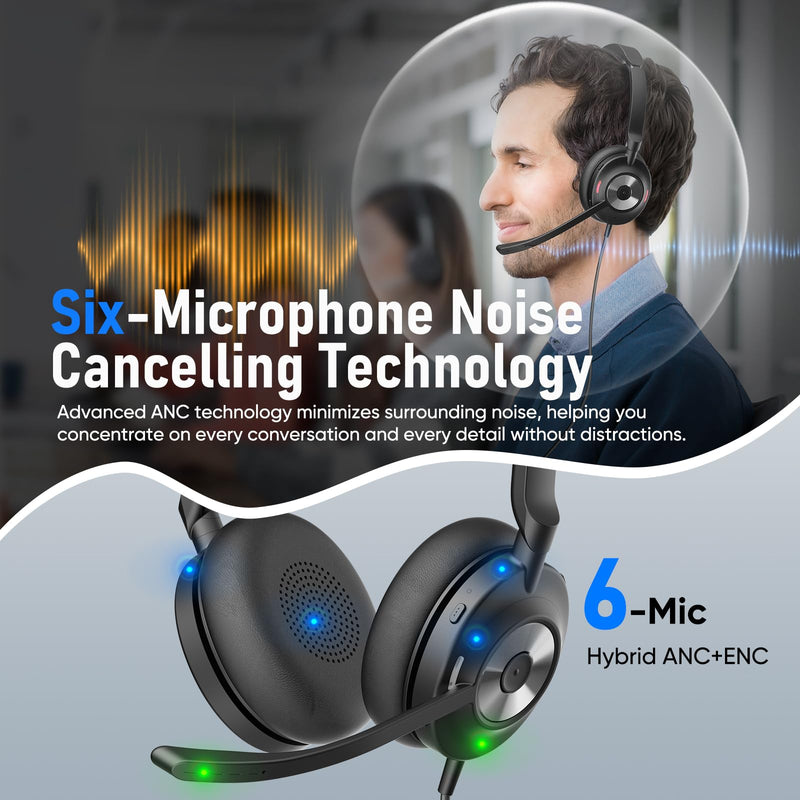 USB Headset with Microphone for PC, Active Noise Cancelling Headphones with ENC Noise Cancelling Mic, Wired Office Computer Headset with Mute for Call Center, Teams, Zoom BNG818