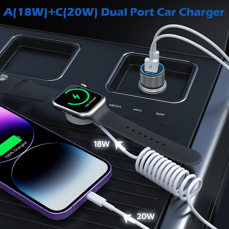 Car Charger for Apple Watch 38W iPhone Car Charger Fast Charging Adapter | Dual Port Charging Adapter(PD&QC3.0)with iWatch Cable,6FT USB C to Lightning Cord for iWatch Series 11/10/9,iPhone 14 13 12