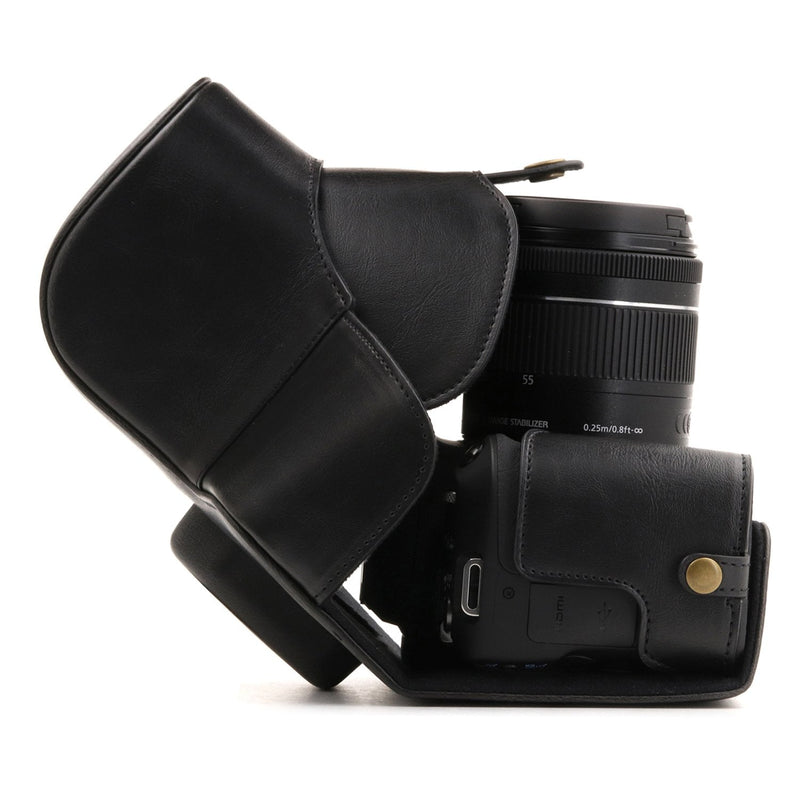 MegaGear Leather Camera Case Compatible with Canon EOS Rebel SL3, Kiss X10, Rebel SL2, Kiss X9 18-55mm Lens Black