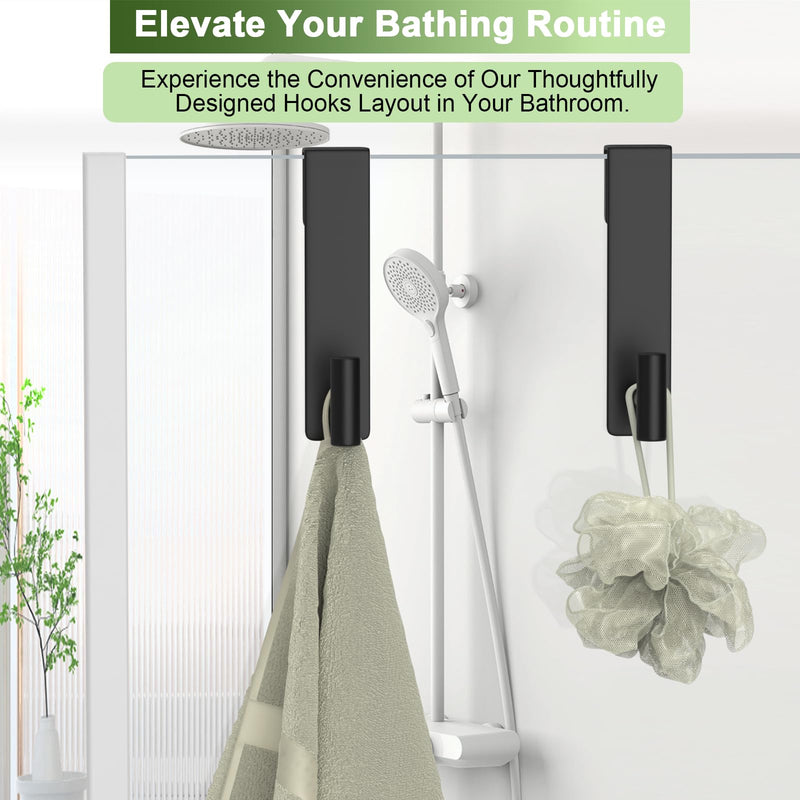 Shower Door Hooks, Heavy Duty Rack Hooks for Robe, Stainless Steel Towel Hooks for Bathroom, Fits Frameless Glass Shower Doors up to 3/8" (10mm) Thick (Black, 2 Pack) "T" Shape- 2 Pack Black