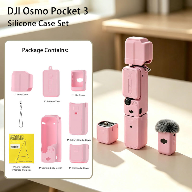 Soft Silicone Protective Case Set for DJI Osmo Pocket 3/Xtra Muse Camera, Anti-Scratch Lightweight Full Coverage Pocket 3 Case Cover Skin with Screen Protectors & Mic Cover Sleeve, Pink