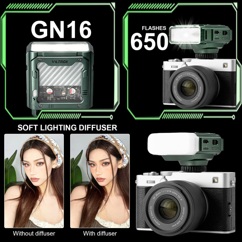 VILTROX 26Ws TTL Mini Flash Speedlite for Fujifilm, GN16 1800mAh, 1S Rapid Recycle On-Camera Flash Mini Speedlight, Spark Z3-F Flash Speedlight with Diffuser, Green Z3 For Fujifilm(Green)