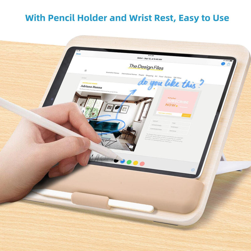 Wooden Tablet Stand for iPad Pro 12.9/11, Air, Mini, Fire HD, Samsung Galaxy Tab and More - Adjustable Portable Mount for Drawing/Desk/Writing/Watching Wooden