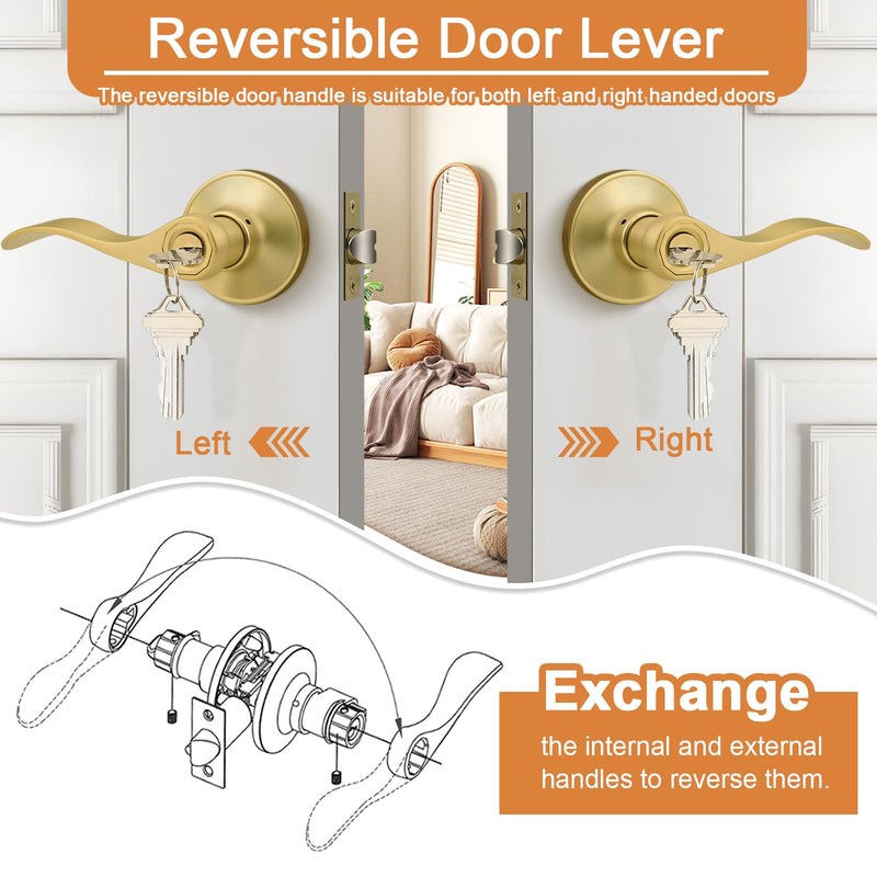Probrico Brushed Gold Door Handles Front Exterior Door Handles with Lock and Keys, Gold Entry Door Lever Wave Style Reversible, 1 Pack
