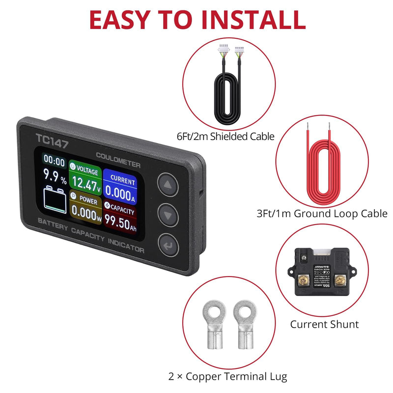 BINTA 0-50A Small Battery Monitor Shunt Voltmeter Ammeter for Lifepo4 Lithium, Backlight Waterproof Battery Meter for Auto Car RV Motorhome Golf Cart Portable Power Systems