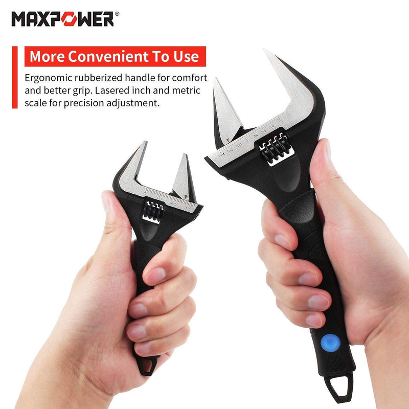 MAXPOWER Stubby Adjustable Wrench Deep Jaw Wide Opening, 6-Inch and 10-Inch Plumbing Wrench Set with Kitbag Wide Jaw 6,10-inch