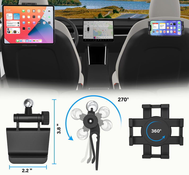 Tesla Tablet Mount Back Seat, Tesla Model Y Model 3 Headrest Tablet Holder for Kids [Metal Ball Head & 360° Rotation] for iPad Pro 12.9 Air Mini, Galaxy Tab, Fire, Switch, iPhone, 4-13"