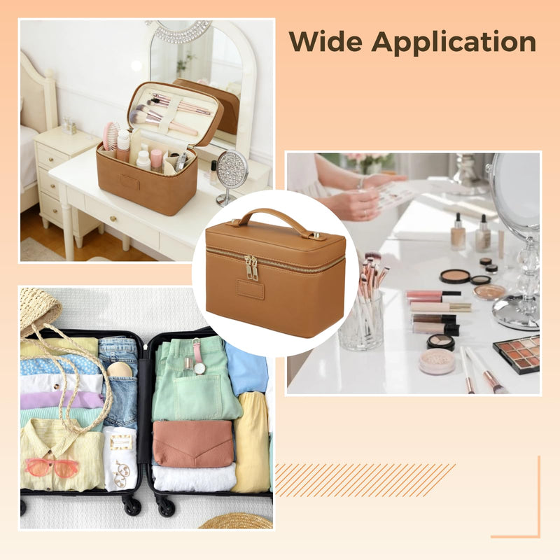 OMISTAR Makeup Vanity Bag for Women - Large Capacity Cosmetic Organizer with Removable Liner, Waterproof PU Leather Skincare Bag, Portable Chic Cosmetic Make Up Case for Skincare, Accessories, Brown