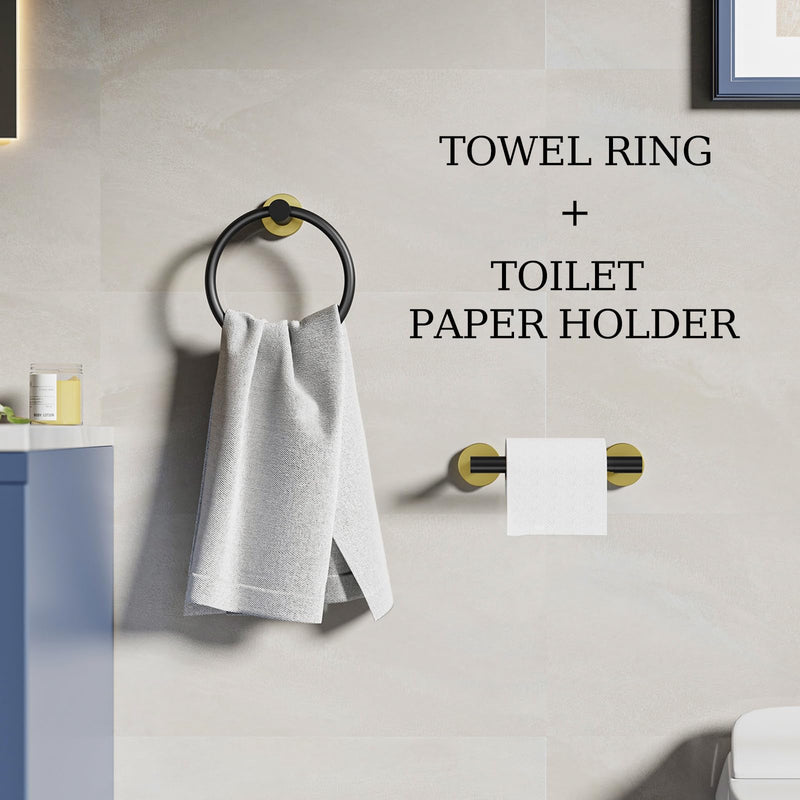 Black and Gold Toilet Paper Holder & Towel Holder, Bathroom Hardware Set-SUS304 Stainless Steel Double Post Pivoting Tissue Roll Holder and Hand Towel Ring Set for Bathroom, RV Black Gold
