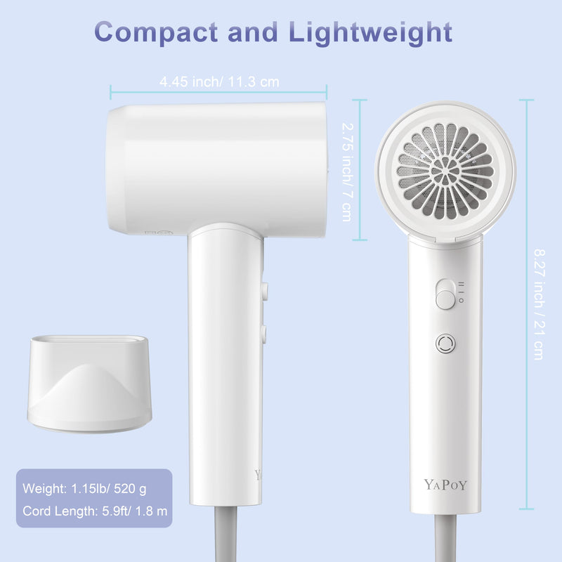  [AUSTRALIA] - YAPOY Hair Dryer, 200 Million Ionic Blow Dryer, 110,000 RPM Fast Drying, Reduced Frizz, Intelligent Thermo-Control, Low Noise, Lightweight for Adult/Children/Dog, Home/Hotel/RV/Travel White