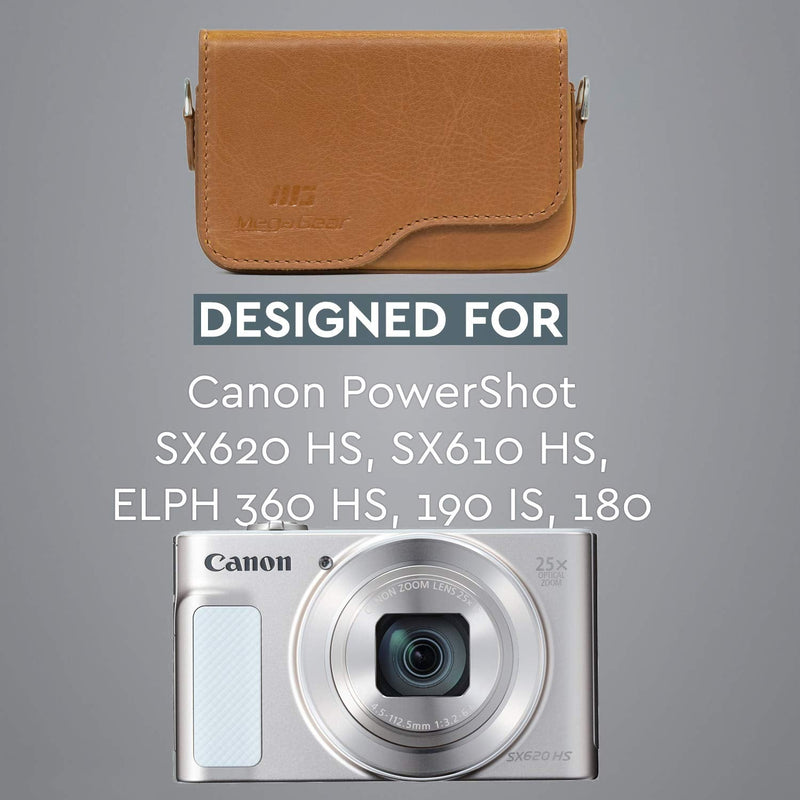MegaGear Canon PowerShot SX620 HS, ELPH 180, ELPH 360 HS, ELPH 190 is, ELPH 170 is, SX610 HS Leather Camera Case with Strap - Light Brown - MG1091