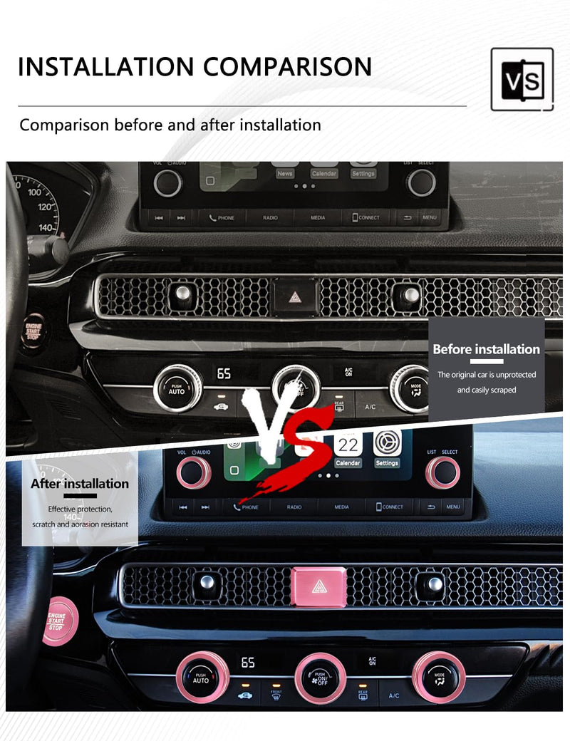 for Honda Civic Accessories 2022-2025 & Accord/CRV/HRV/Acura Integra 2023-2025, ADX 2025 - A/C & Audio Knob Covers, Hazard Light, Push Start Button Cover/Ring 8pcs (7-inch Screen, Pink) 7-inch screen