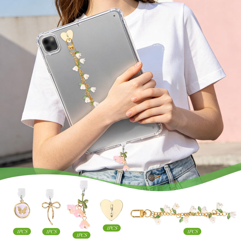 5pcs Mobile Phone Charm Set, Cute Flower Chain Charm with Heart Grip Holder & Dust Plug Ornaments Compatible with Kindle Paperwhite E-Reader Phone