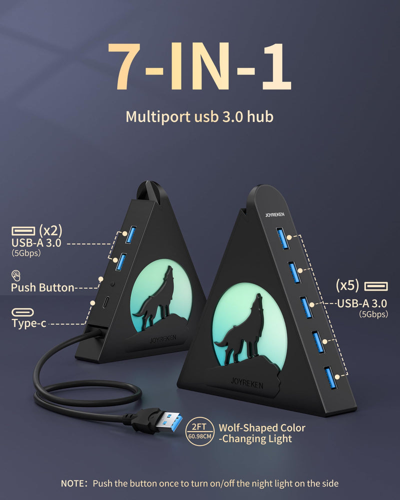 7-Port USB 3.0 Hub, Vertical USB Hub Splitter with RGB Lighting,5Gbps High-Speed Data Transfer and 2FT Extension Cable, Compatible with PC, MacBook, Laptop, PS5, Xbox, Flash Drive, Printer Black