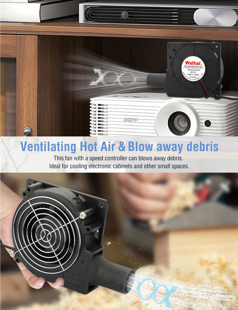 Wathai 120mm x 32mm Small Blower Fan 12V with AC 110V 120V Variable Speed | Dual Ball variable speed blower squirrel cage fan blower for waste oil burner BBQ Smoker DIY Cooling Projects 12032 110V-240V