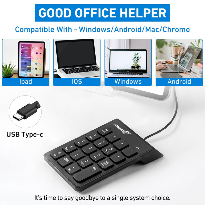 Type C Number Pad, USB 19 Keys Mini Number Keyboard Plug & Play Financial Accounting Numpad Office Home Portable Slim Numeric Keypad for Laptop Phone PC Tablet Notebook (Black) Black