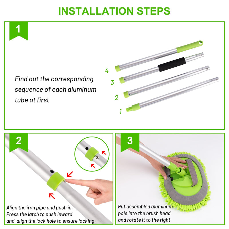 Ordenado 62" Car Wash Brush Kit Mitt Mop Sponge with Long Handle Chenille Microfiber Car Cleaning Brush Kit Supplies Car Washing Mop Kit Car Care Kit of Scratch-Free Replacement Head for Car RV Truck A-green