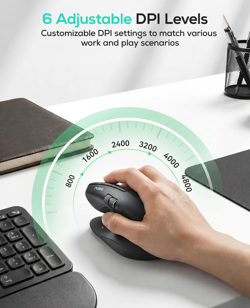 Nulea Ergonomic Vertical Wireless Mouse with Horizontal Scroll Wheel | Bluetooth And 2.4G Rechargeable Mouse With 6 Buttons, 3 Device Switching, Long Battery Life For PC And Mac