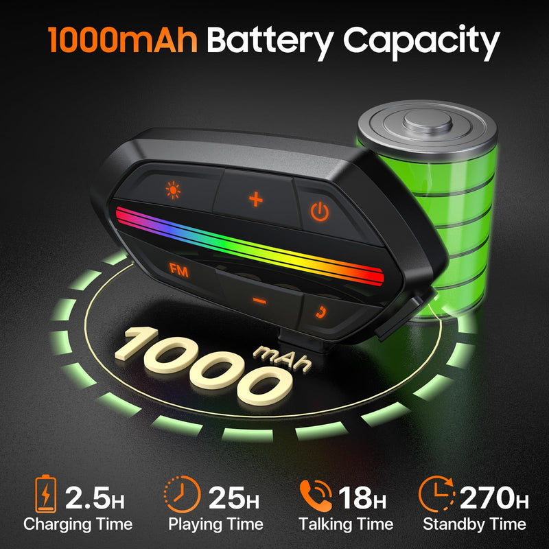 Motorcycle Bluetooth Headset V5.3, Noise Cancelling Helmet Speakers with High Volume, Dual Mic, 1000mAh Battery, IPX6 Waterproof & RGB Lights for Riding Black